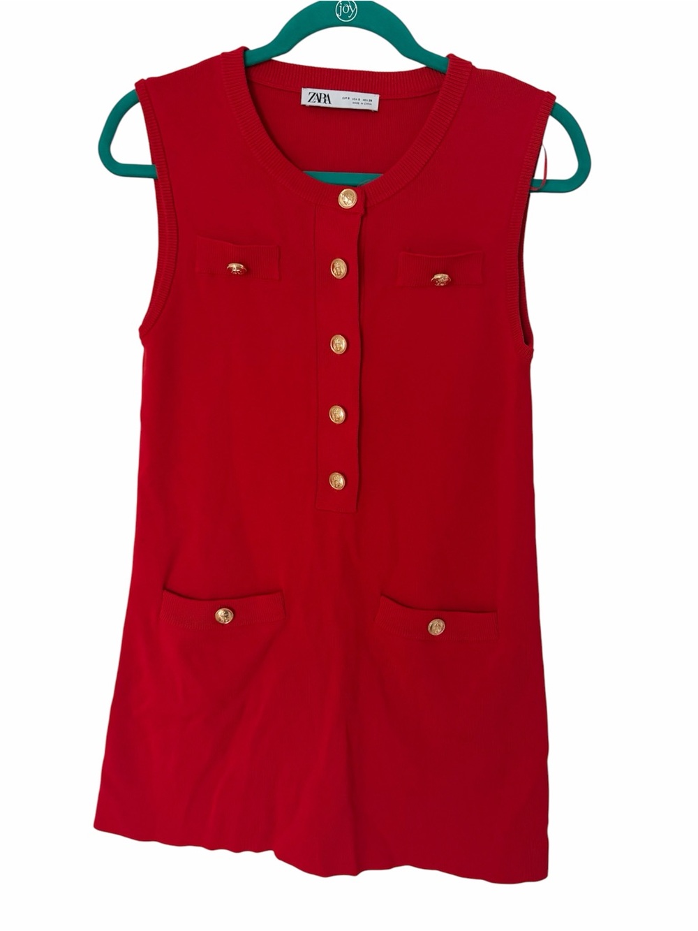 Zara Red Sleeveless Knit Dress with Gold Buttons